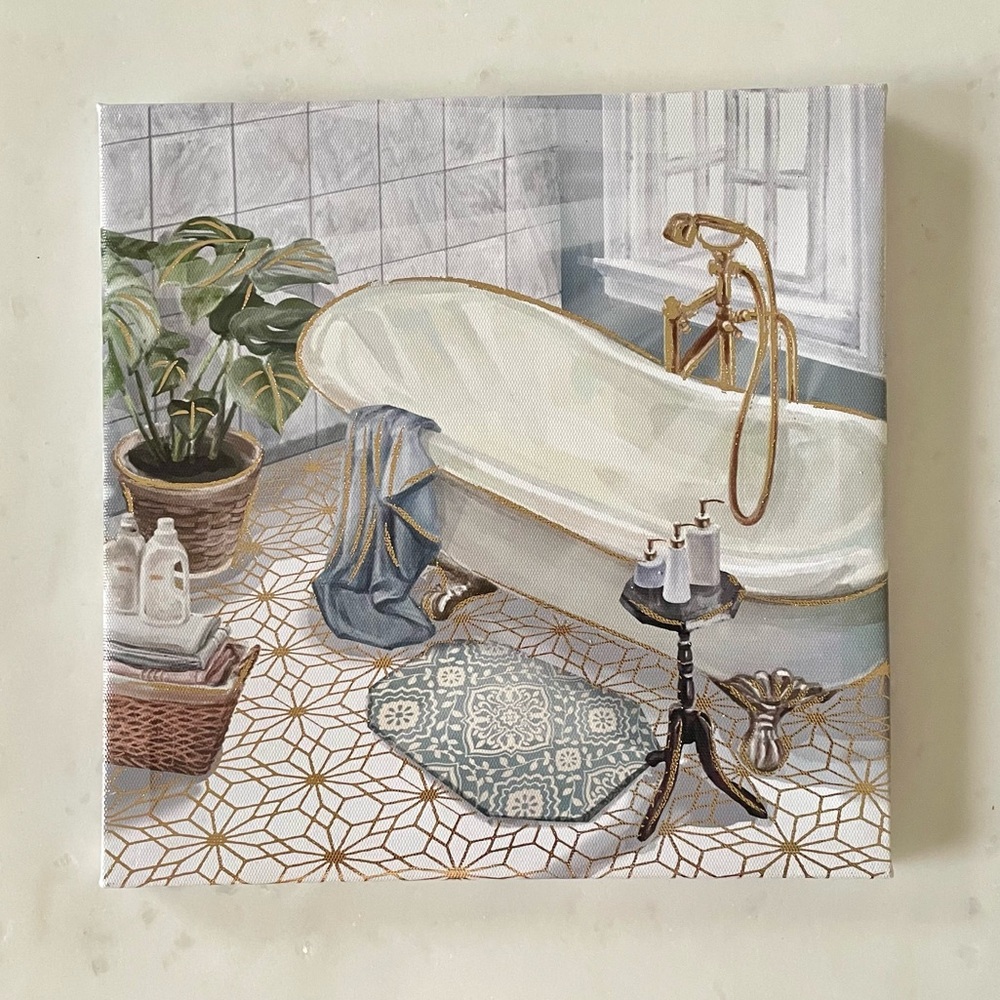 Elegant Metallic Gold Bathtub Canvas Wall Decor